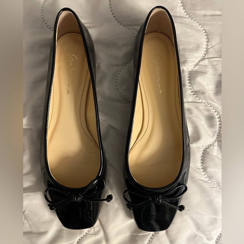 Size 38/7 Guilhermina Black Patent Square Toe Ballet Flats